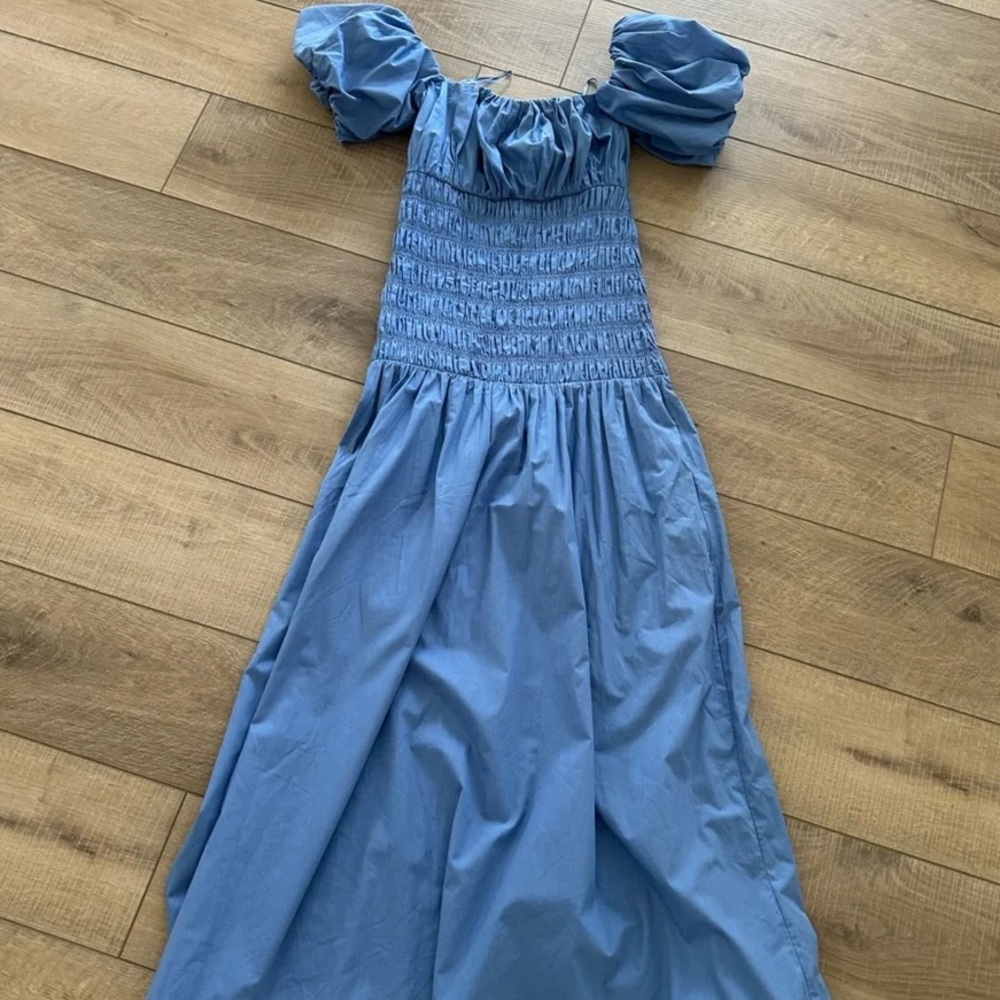 Abercrombie & Fitch Smocked Drop-Waist Dress Puff Sleeve in Blue Size Medium - Picture 4 of 5